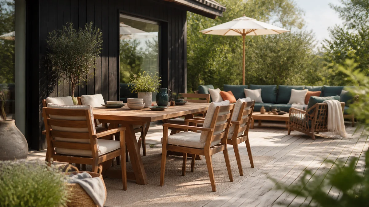 Indrettet terrasse med spisebord, loungestole og parasol