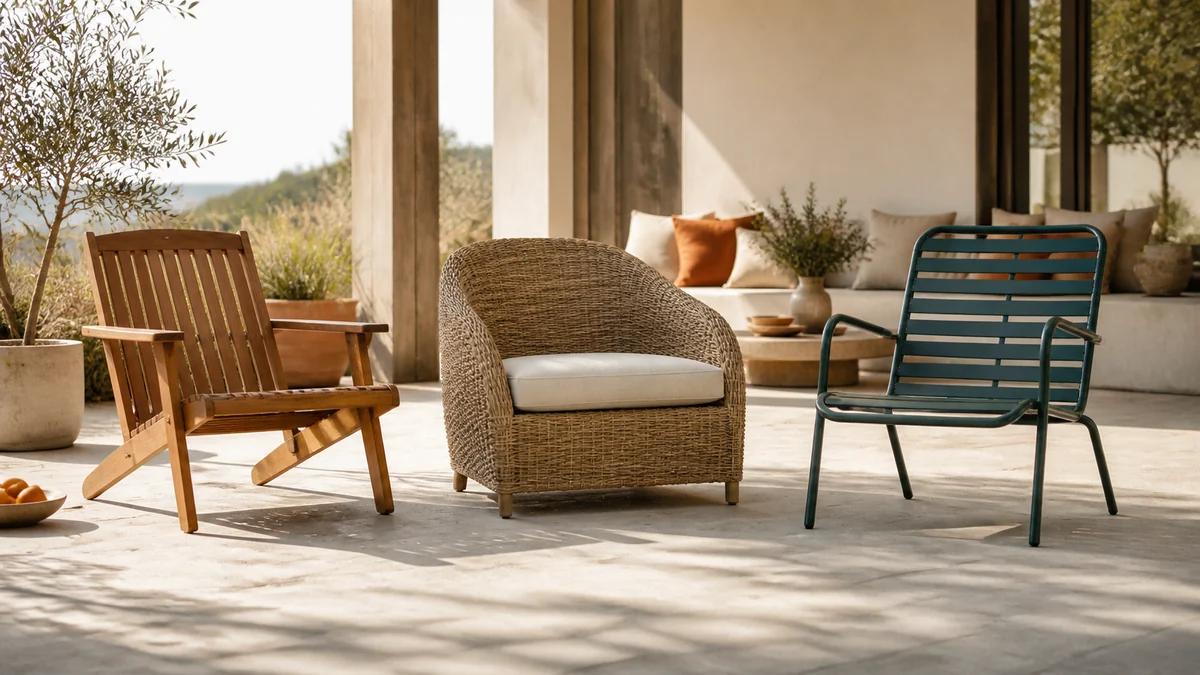 Havestole i teak, polyrattan og aluminium side om side